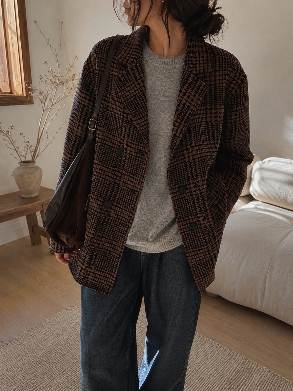 Women's Brown Plaid Double-Breasted Peacoat Jacket